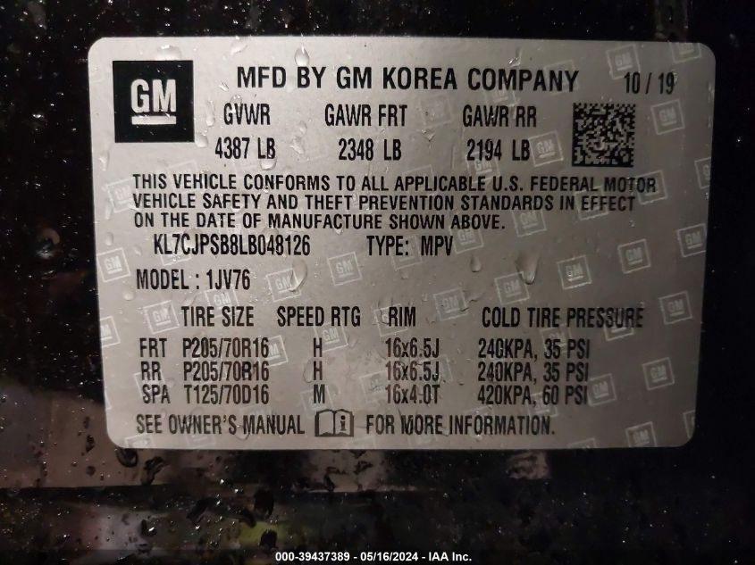 2020 Chevrolet Trax Awd Lt VIN: KL7CJPSB8LB048126 Lot: 39437389