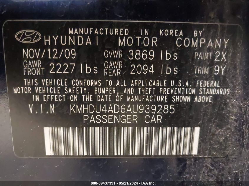 2010 Hyundai Elantra Gls VIN: KMHDU4AD6AU939285 Lot: 39437391