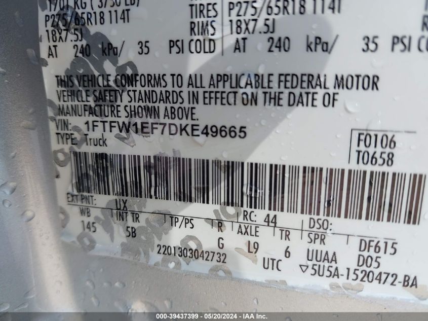 2013 Ford F-150 Fx4 VIN: 1FTFW1EF7DKE49665 Lot: 39437399