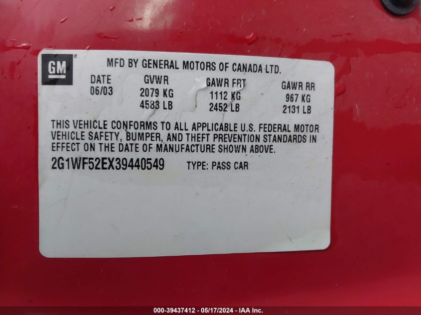 2003 Chevrolet Impala VIN: 2G1WF52EX39440549 Lot: 39437412