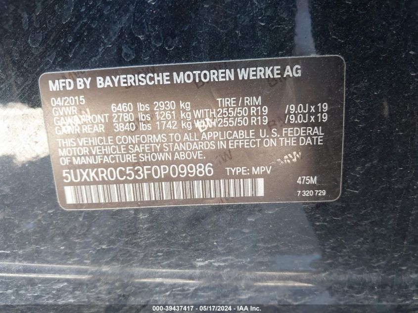 2015 BMW X5 xDrive35I VIN: 5UXKR0C53F0P09986 Lot: 39437417