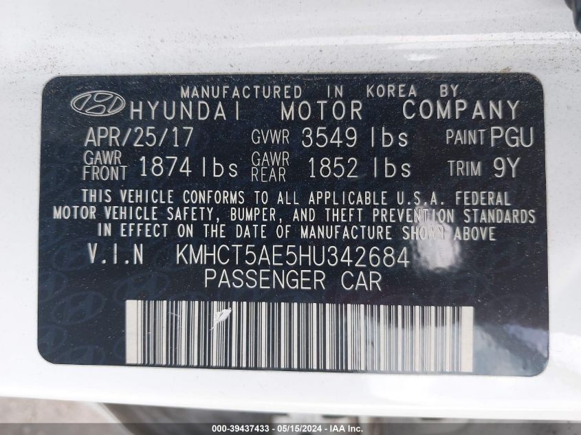 2017 Hyundai Accent Se VIN: KMHCT5AE5HU342684 Lot: 39437433