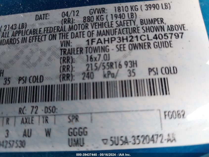 2012 Ford Focus Sel VIN: 1FAHP3H21CL405797 Lot: 39437445