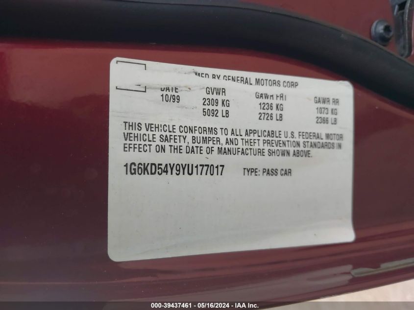 2000 Cadillac Deville Standard VIN: 1G6KD54Y9YU177017 Lot: 39437461