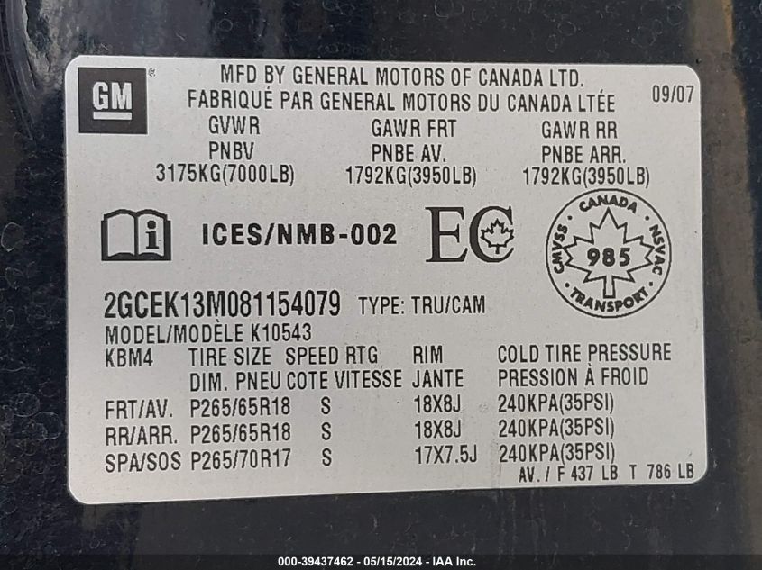 2008 Chevrolet Silverado 1500 Lt1/Lt2/Ltz/Work Truck VIN: 2GCEK13M081154079 Lot: 39437462