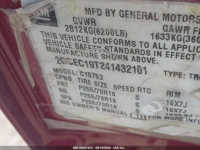 2004 Chevrolet Silverado 1500 Ls VIN: 2GCEC19T241432101 Lot: 39437472