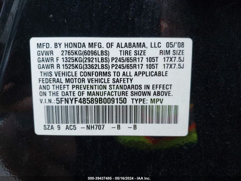 2009 Honda Pilot Ex-L VIN: 5FNYF48589B009150 Lot: 39437485