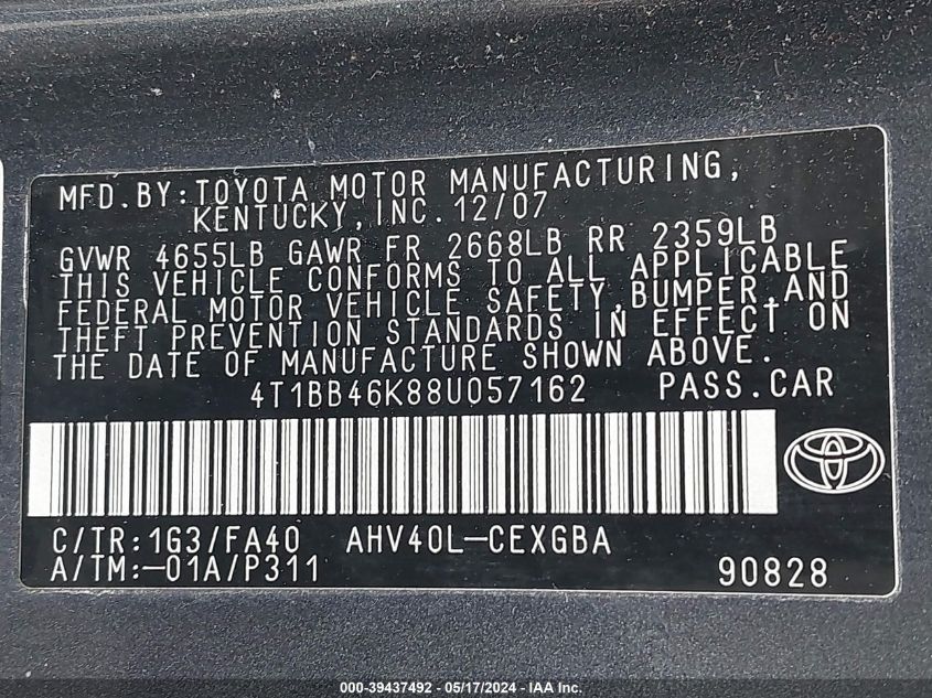 2008 Toyota Camry Hybrid VIN: 4T1BB46K88U057162 Lot: 39437492