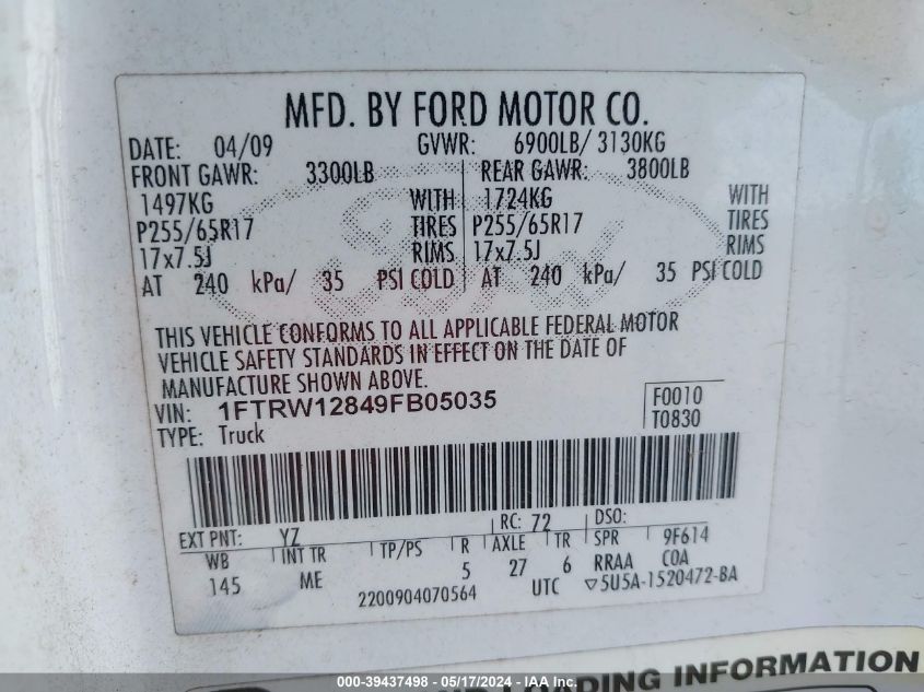 2009 Ford F150 Supercrew VIN: 1FTRW12849FB05035 Lot: 39437498