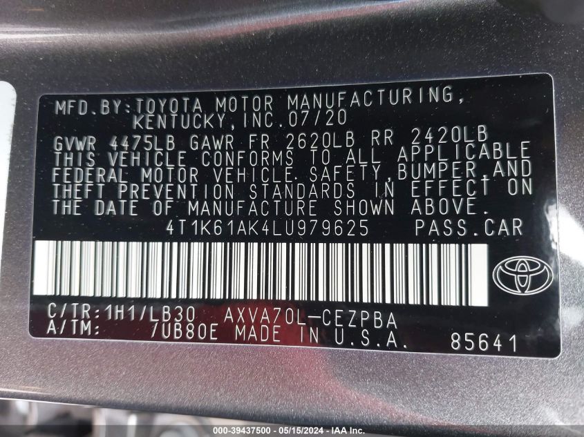 2020 Toyota Camry Xse VIN: 4T1K61AK4LU979625 Lot: 39437500