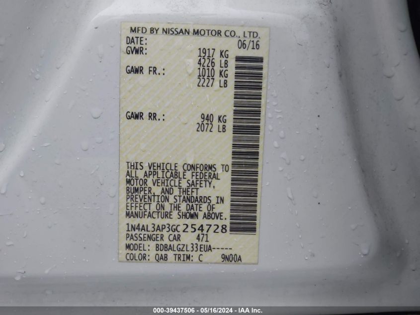 2016 Nissan Altima 2.5/2.5 S/2.5 Sl/2.5 Sr/2.5 Sv VIN: 1N4AL3AP3GC254728 Lot: 39437506