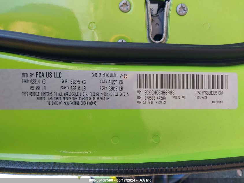 2019 Dodge Charger Gt Rwd VIN: 2C3CDXHG0KH687060 Lot: 39437508