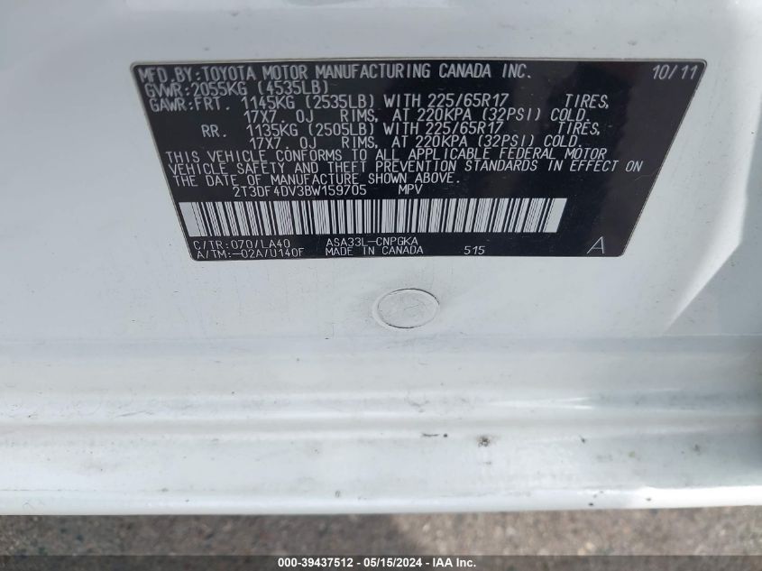 2011 Toyota Rav4 Limited VIN: 2T3DF4DV3BW159705 Lot: 39437512