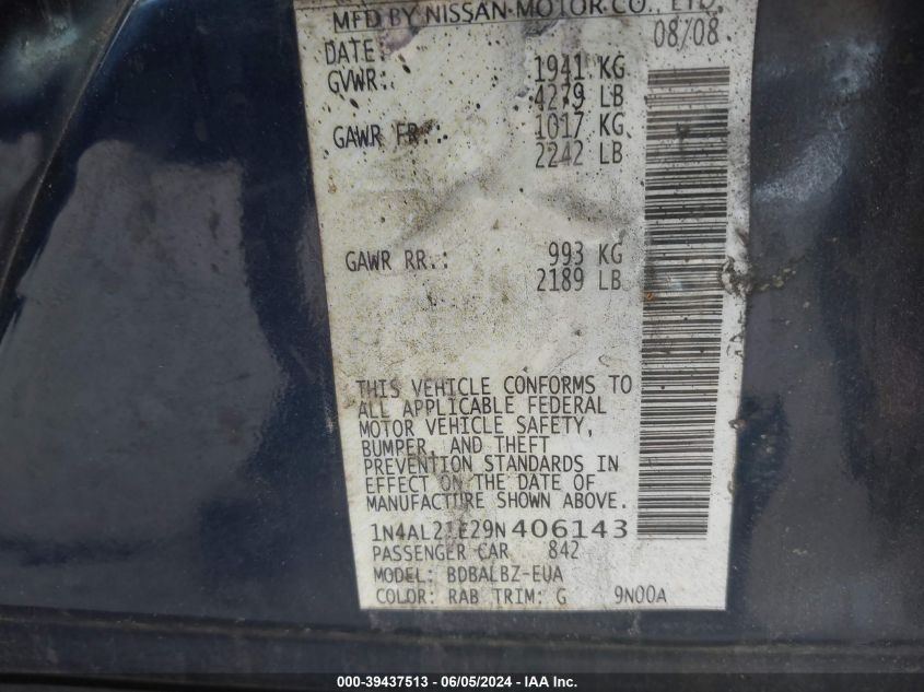 2009 Nissan Altima 2.5 S VIN: 1N4AL21E29N406143 Lot: 39437513