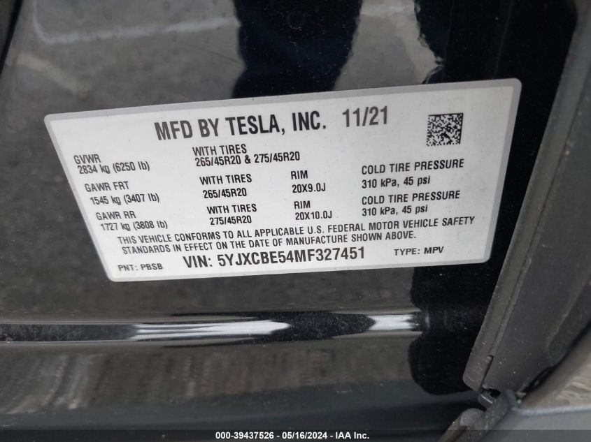 2021 Tesla Model X Long Range Dual Motor All-Wheel Drive VIN: 5YJXCBE54MF327451 Lot: 39437526