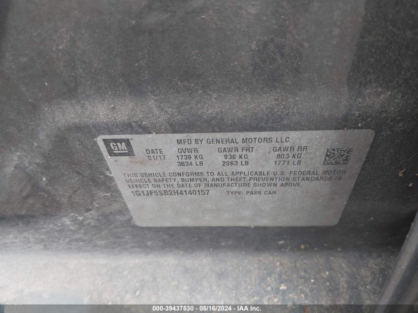 2017 Chevrolet Sonic Premier Auto VIN: 1G1JF5SB2H4140157 Lot: 39437530