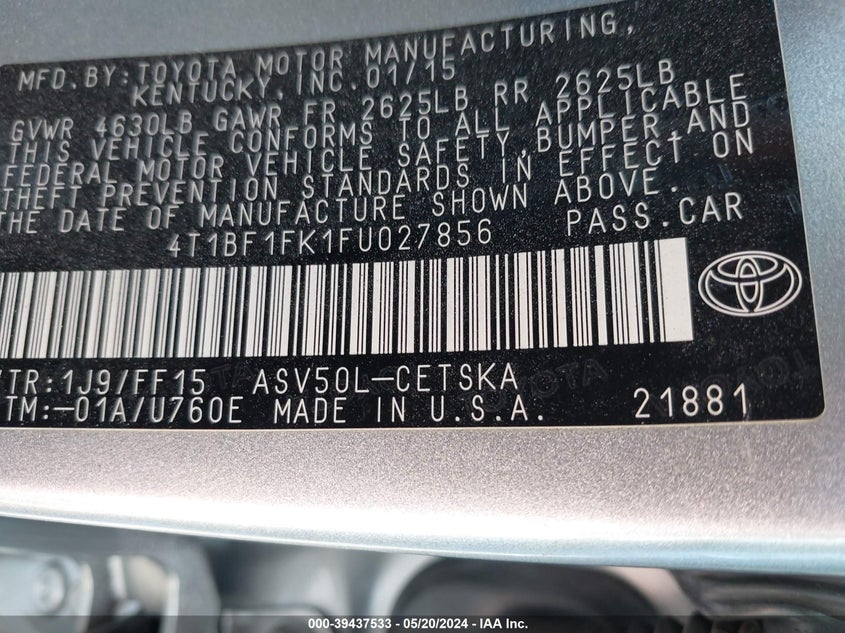 2015 Toyota Camry Se VIN: 4T1BF1FK1FU027856 Lot: 39437533