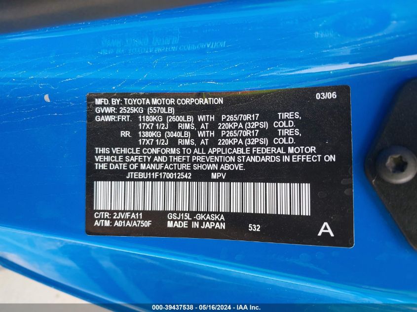 2007 Toyota Fj Cruiser VIN: JTEBU11F170012542 Lot: 39437538