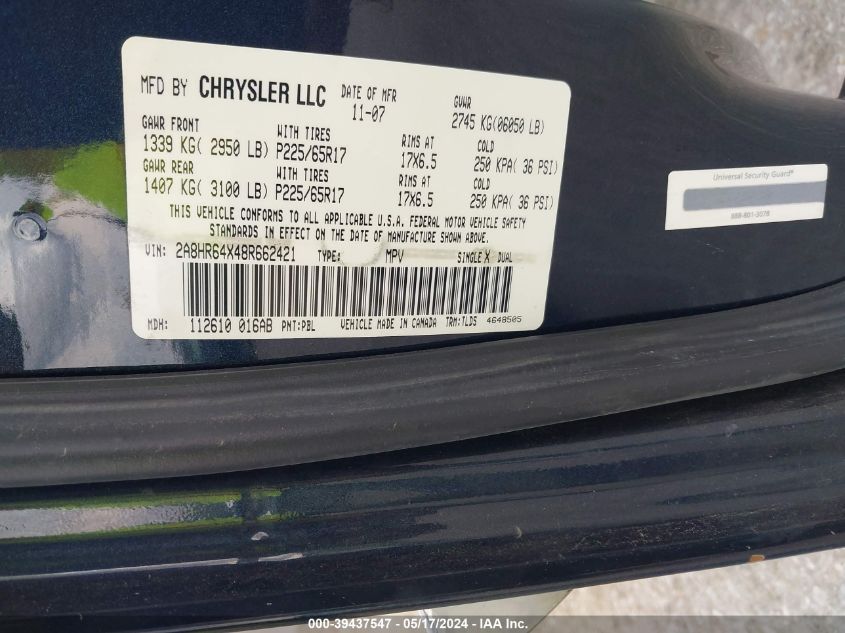 2008 Chrysler Town & Country Limited VIN: 2A8HR64X48R662421 Lot: 39437547