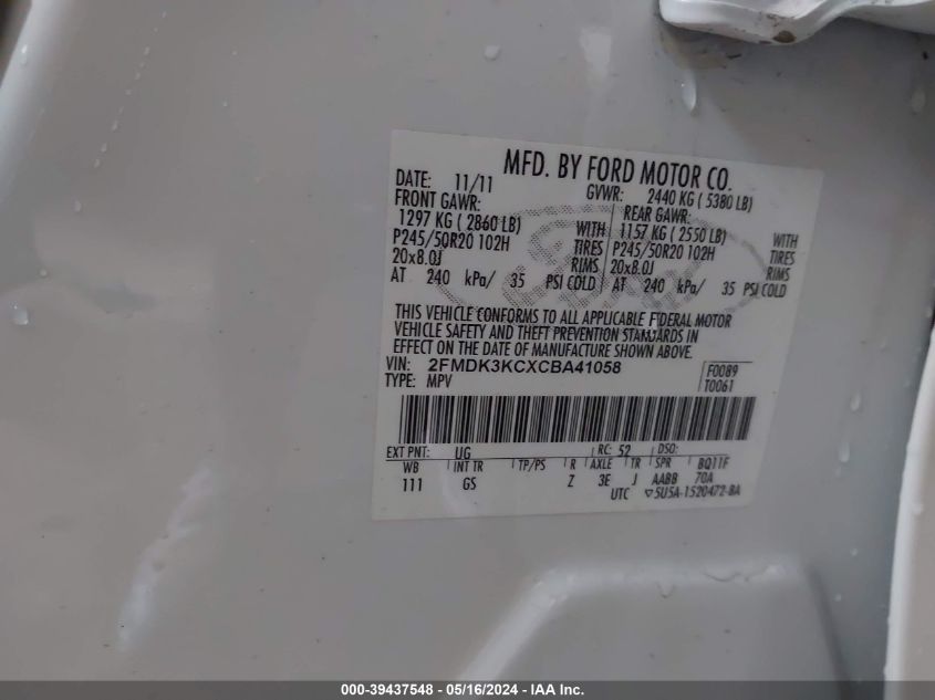 2012 Ford Edge Limited VIN: 2FMDK3KCXCBA41058 Lot: 39437548