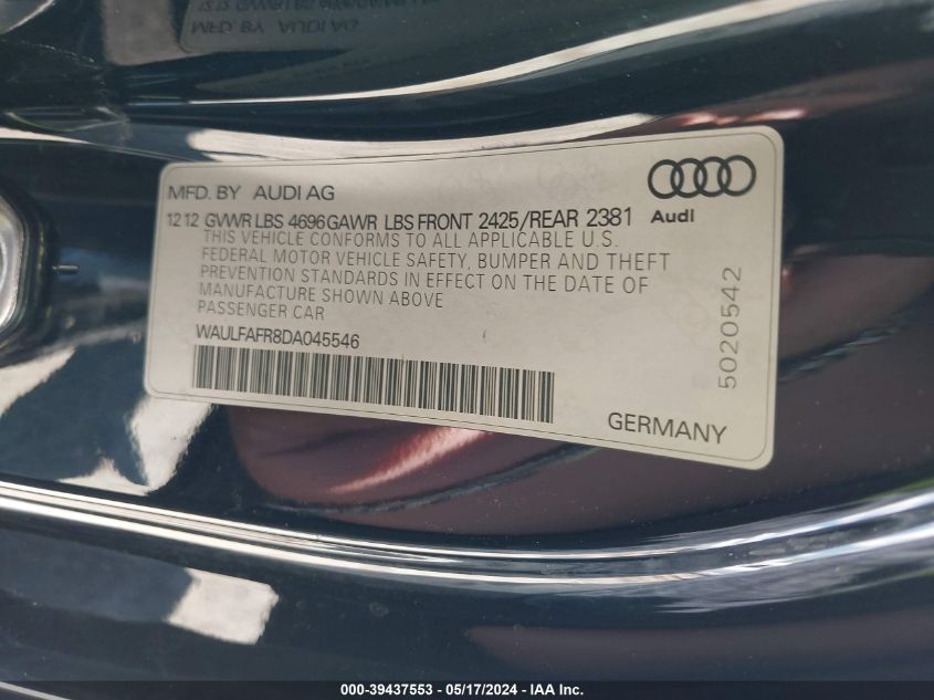 2013 Audi A5 2.0T Premium VIN: WAULFAFR8DA045546 Lot: 39437553
