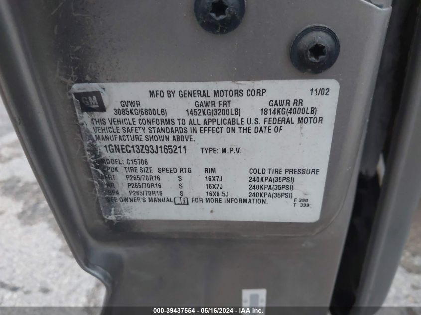 2003 Chevrolet Tahoe Ls VIN: 1GNEC13Z93J165211 Lot: 39437554