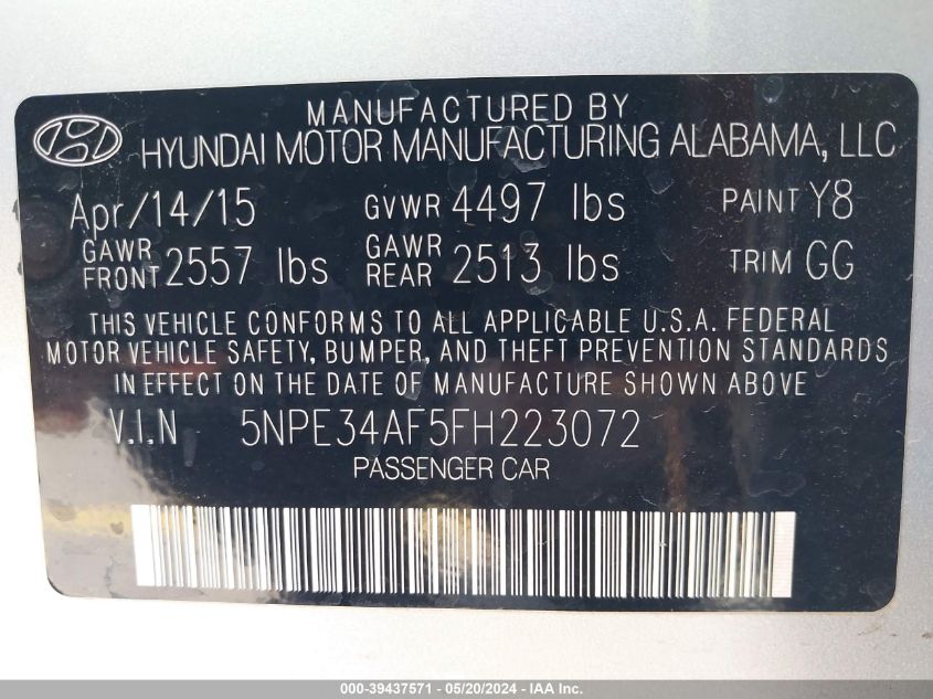 2015 Hyundai Sonata Sport/Limited VIN: 5NPE34AF5FH223072 Lot: 39437571