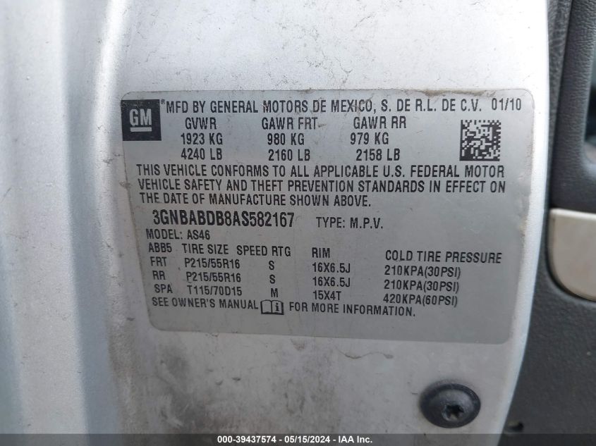 2010 Chevrolet Hhr Lt VIN: 3GNBABDB8AS582167 Lot: 39437574