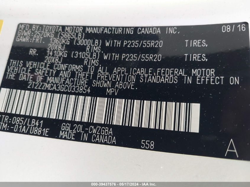 2016 Lexus Rx 350 VIN: 2T2ZZMCA3GC033854 Lot: 39437576