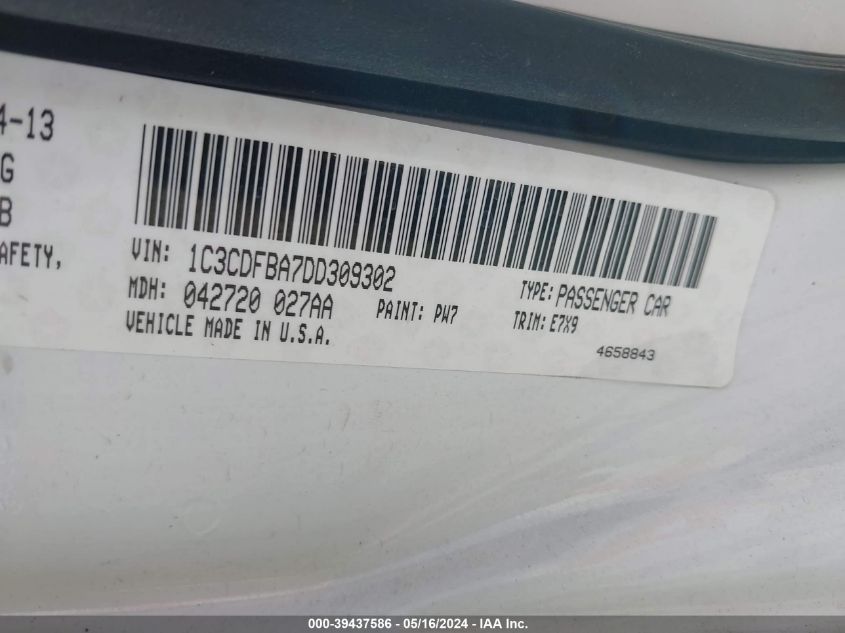2013 Dodge Dart Sxt VIN: 1C3CDFBA7DD309302 Lot: 39437586