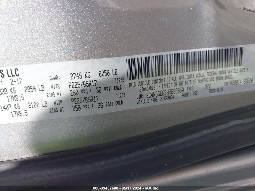 2017 Dodge Grand Caravan Gt VIN: 2C4RDGEG5HR696950 Lot: 39437600