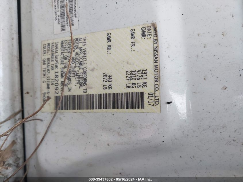 2017 Nissan Altima 2.5 Sv VIN: 1N4AL3AP5HC182092 Lot: 39437602