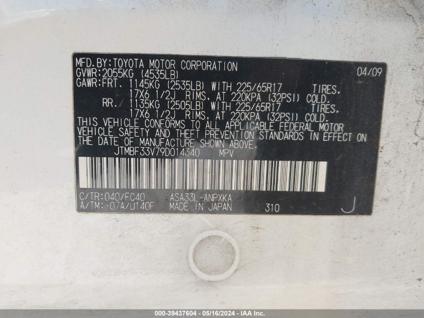 2009 Toyota Rav4 VIN: JTMBF33V79D014340 Lot: 39437604