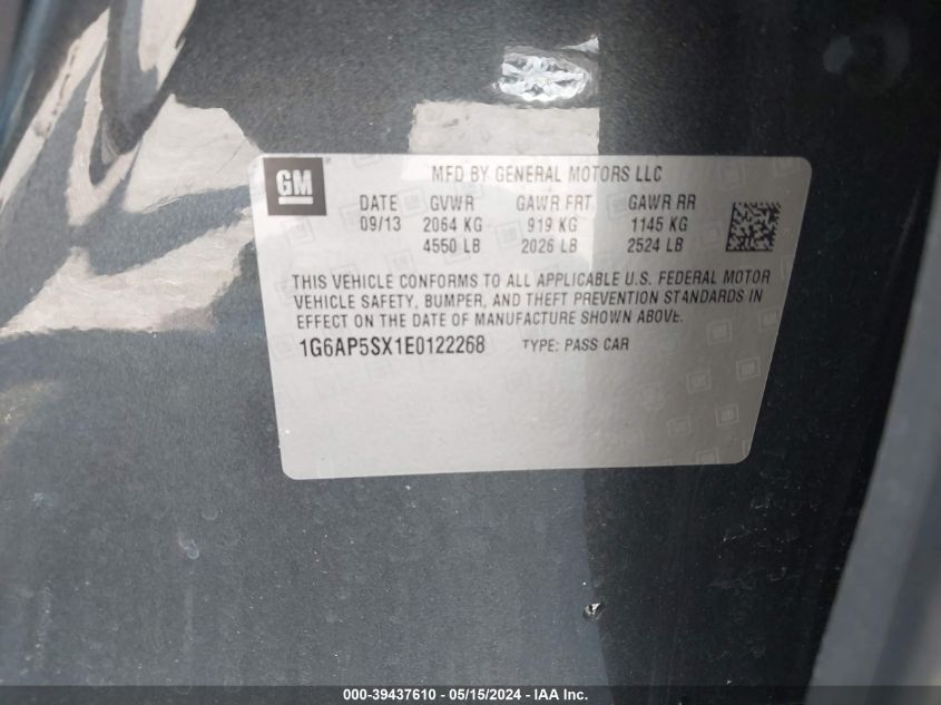 2014 Cadillac Cts Standard VIN: 1G6AP5SX1E0122268 Lot: 39437610