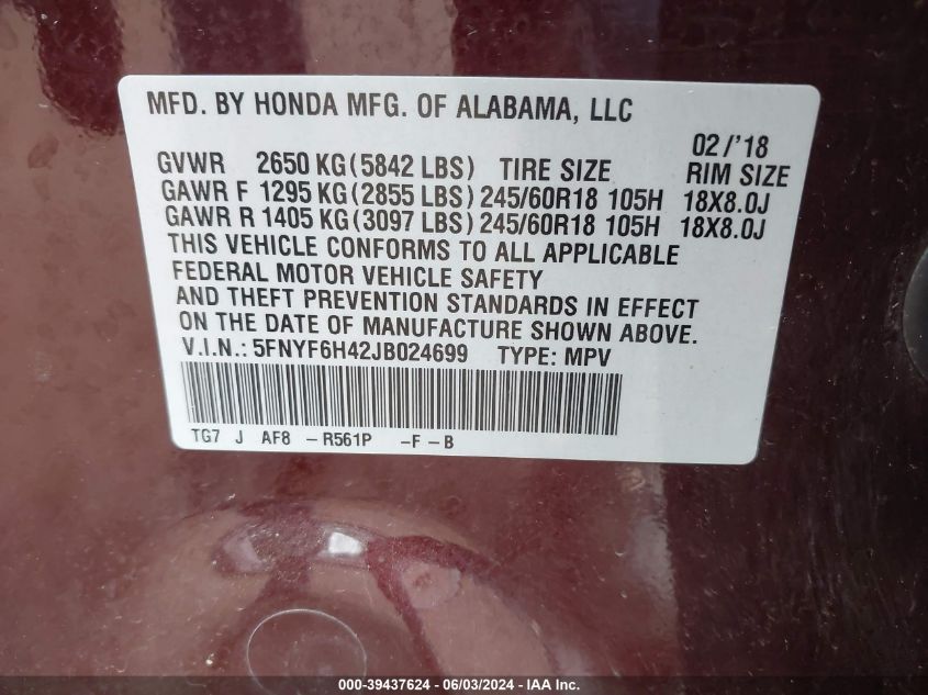 2018 Honda Pilot Ex VIN: 5FNYF6H42JB024699 Lot: 39437624