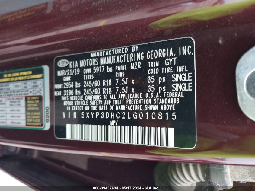 2020 Kia Telluride Ex VIN: 5XYP3DHC2LG010815 Lot: 39437634