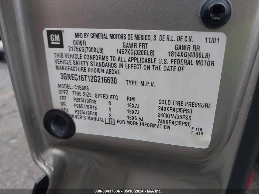 2002 Chevrolet Suburban 1500 Ls VIN: 3GNEC16T12G216630 Lot: 39437636