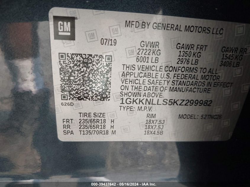 2019 GMC Acadia Sle-2 VIN: 1GKKNLLS5KZ299982 Lot: 39437642