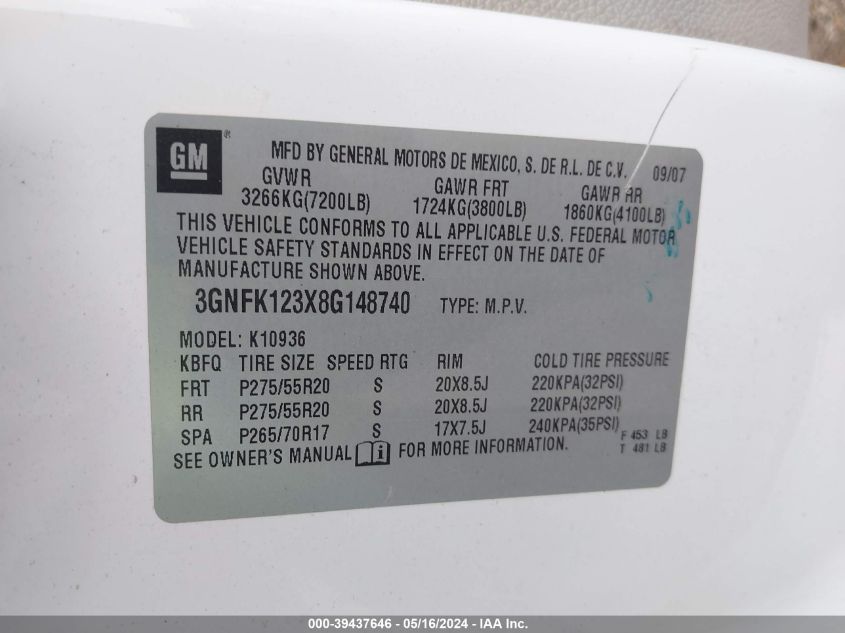 2008 Chevrolet Avalanche 1500 Ltz VIN: 3GNFK123X8G148740 Lot: 39437646