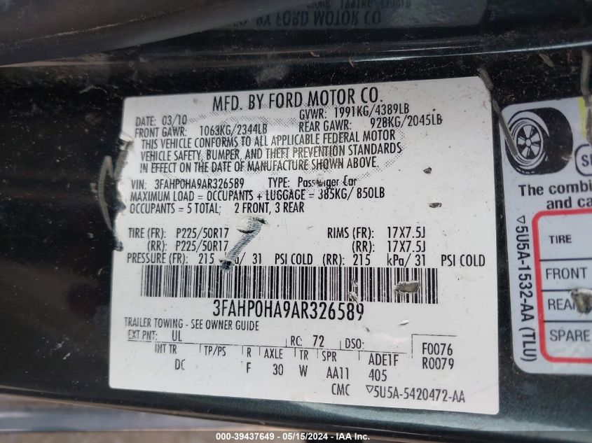 2010 Ford Fusion Se VIN: 3FAHP0HA9AR326589 Lot: 39437649