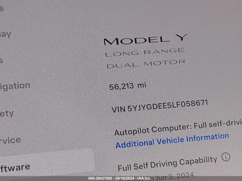 2020 Tesla Model Y Long Range Dual Motor All-Wheel Drive VIN: 5YJYGDEE5LF058671 Lot: 39437650