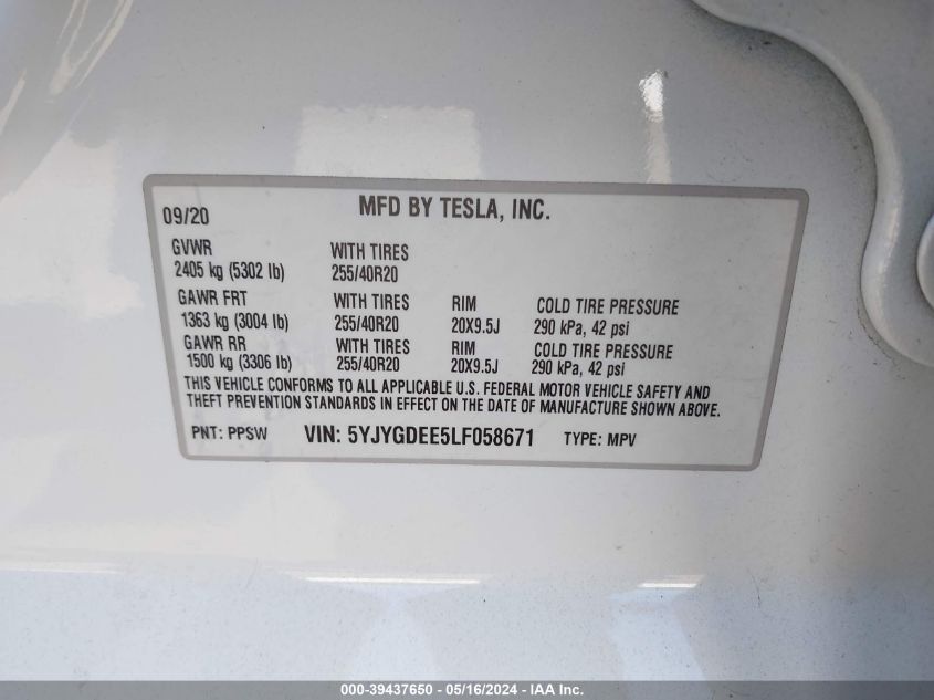 2020 Tesla Model Y Long Range Dual Motor All-Wheel Drive VIN: 5YJYGDEE5LF058671 Lot: 39437650