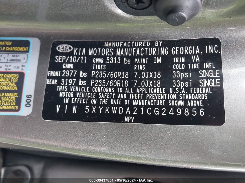 2012 Kia Sorento Sx V6 VIN: 5XYKWDA21CG249856 Lot: 39437651