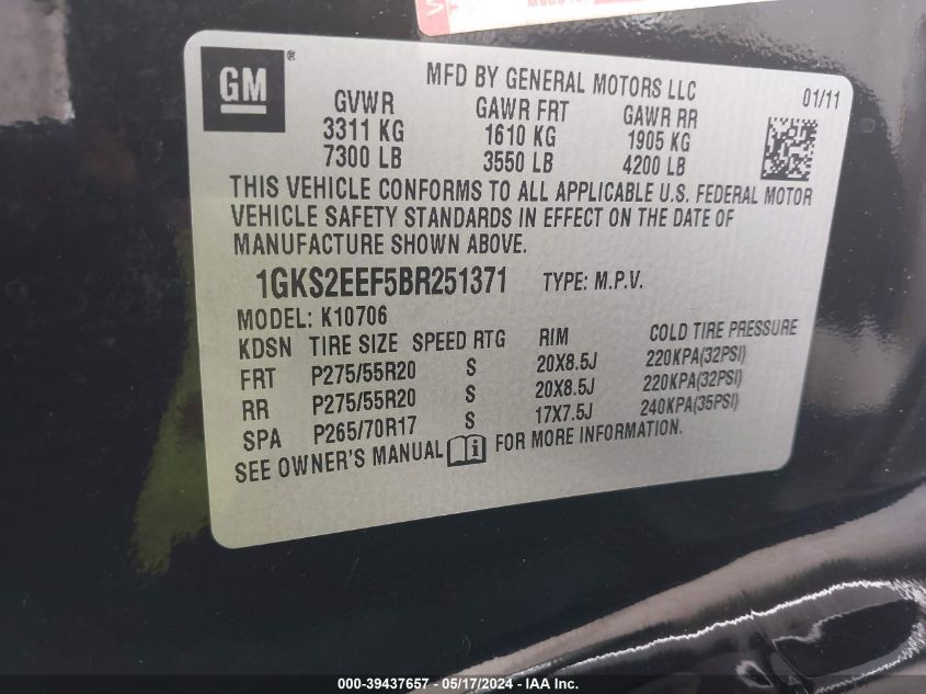 2011 GMC Yukon Denali VIN: 1GKS2EEF5BR251371 Lot: 39437657