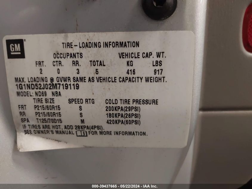 2002 Chevrolet Malibu VIN: 1G1ND52J02M719119 Lot: 39437665