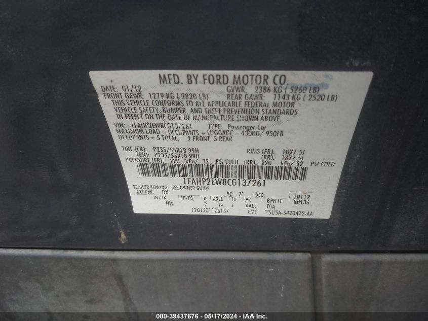 2012 Ford Taurus Sel VIN: 1FAHP2EW8CG137261 Lot: 39437676