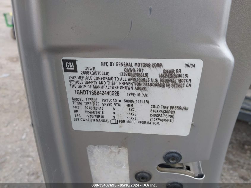2004 Chevrolet Trailblazer Ls VIN: 1GNDT13S842440528 Lot: 39437695