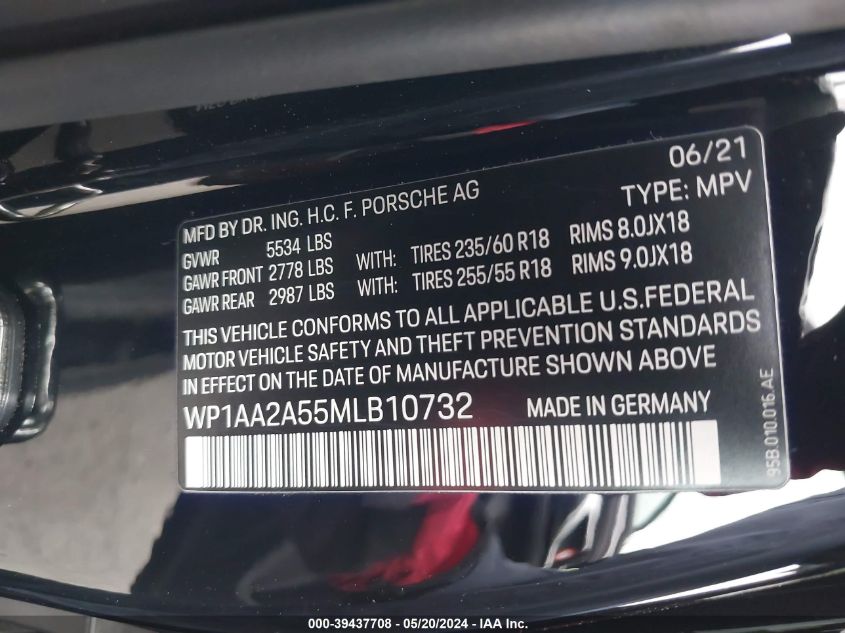 2021 Porsche Macan VIN: WP1AA2A55MLB10732 Lot: 39437708