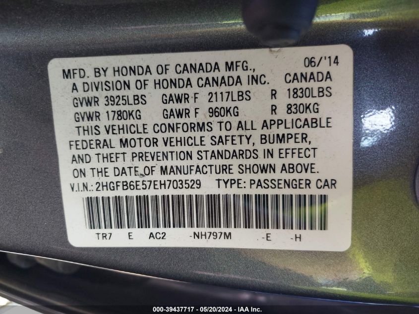 2014 Honda Civic Si VIN: 2HGFB6E57EH703529 Lot: 39437717