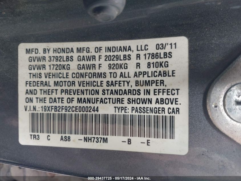 2012 Honda Civic Ex-L VIN: 19XFB2F92CE000244 Lot: 39437725
